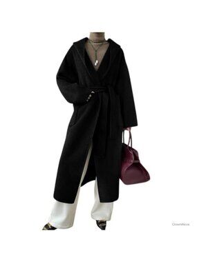 Women's Winter Open Front Belted Wool Coat Loose Hooded Midi Pea Coat
